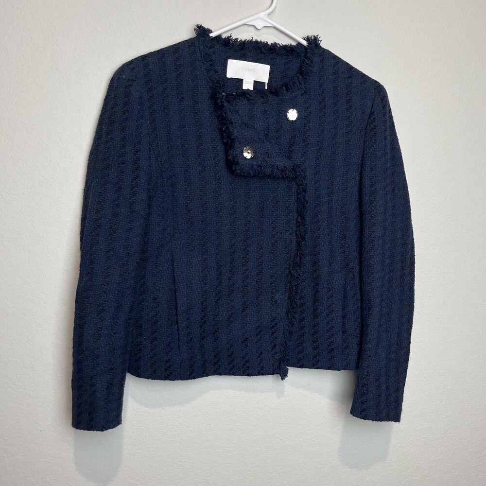 Hugo‎ Boss Jacket Blazer Womens 6P Navy Boucle Collarless Snap Front Lined Short